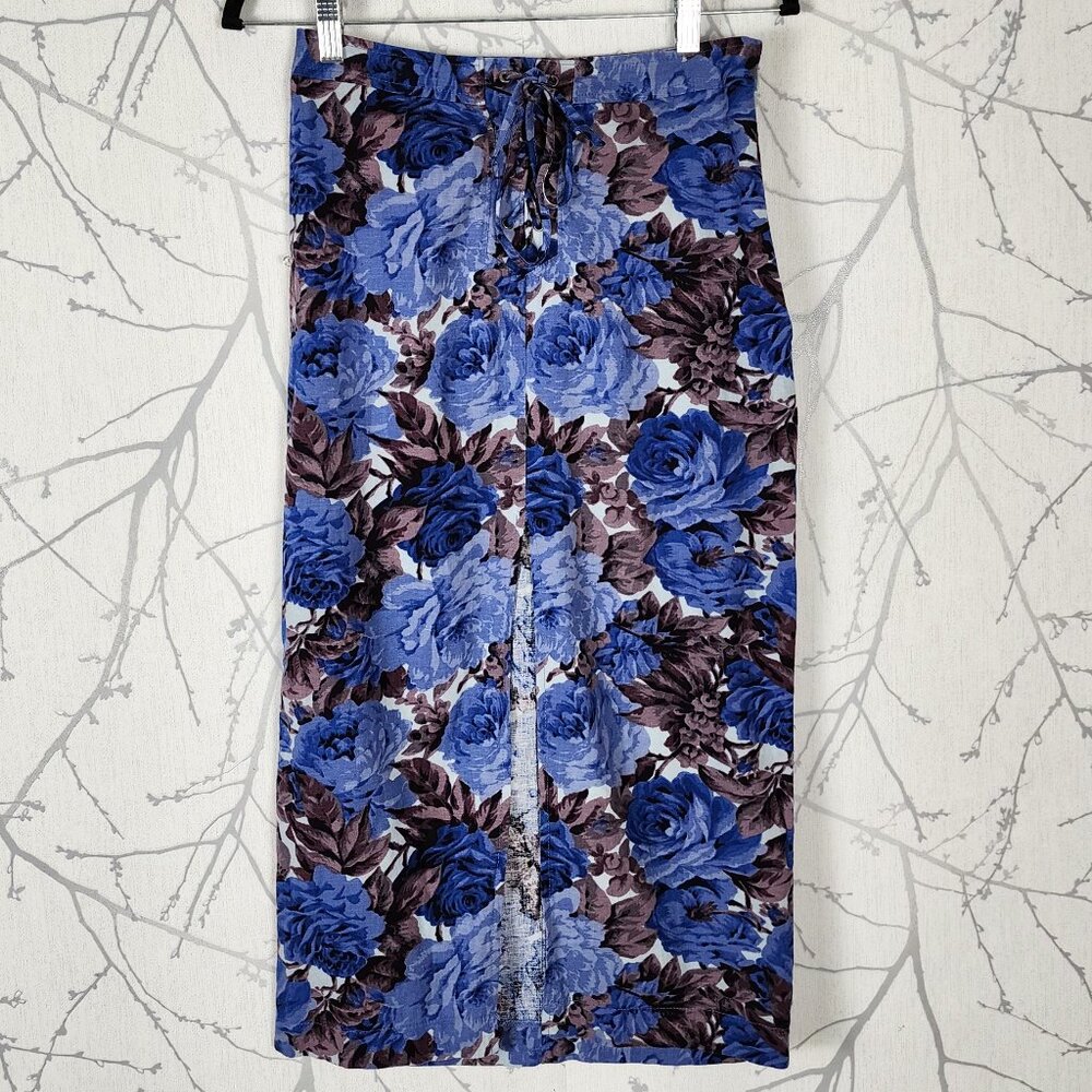 Urban Outfitters Rose Floral 54% Linen Front Slit Long Pencil Skirt